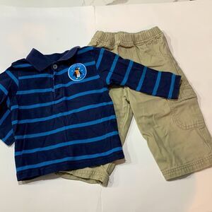 Carter’s Okie Dokie | Boys Blue Striped Penguin Shirt Tan Khaki Casual Pants 12M